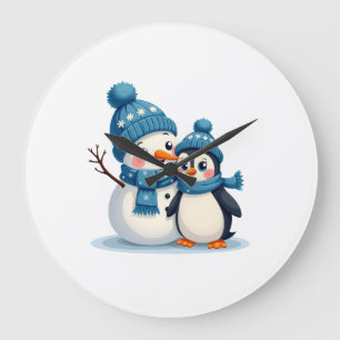 Grande Horloge Ronde Joyeux Noël Pour Cadeau Pingouin Bonhomme de Neige