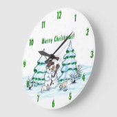 Grande Horloge Ronde Joyeux Noël ! Snowman avec chat et chiot (Angle)