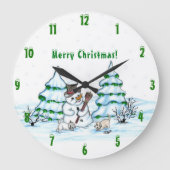 Grande Horloge Ronde Joyeux Noël ! Snowman avec chat et chiot (Recto)
