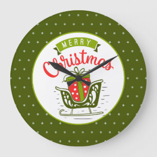 Grande Horloge Ronde Joyeux Noël Traîneau Rouge Vert Motif Flocon de Ne