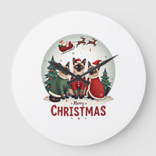 Grande Horloge Ronde Joyeux Noël Trois Santa Elfe Renne Chats Siamois