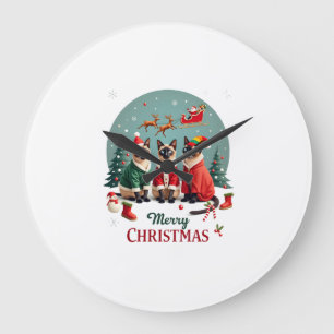 Grande Horloge Ronde Joyeux Noël Trois Santa Elfe Renne Siamois C