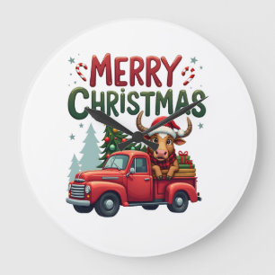 Grande Horloge Ronde Joyeux Noël Vache des Highlands Écossais Noël Ferm