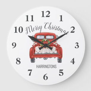 Grande Horloge Ronde Joyeux Noël Vintage Camion rouge Nom de famille