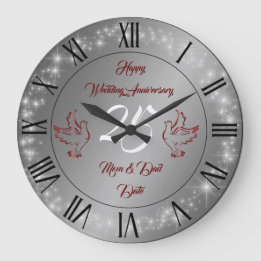 Grande Horloge Ronde Joyeux Pailleté Personnaliser Argent 25e Anniversa