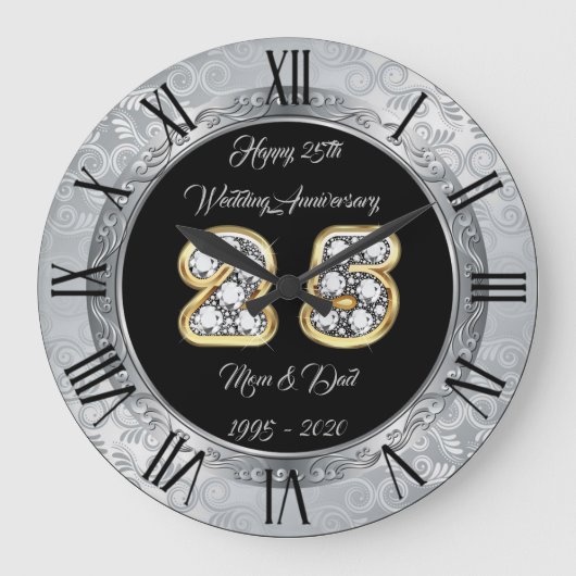 Grande Horloge Ronde Joyeux Personnalisation Argent 25e Anniversaire (Recto)