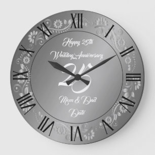 Grande Horloge Ronde Joyeux Personnalisé Argent 25e Anniversaire