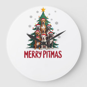 Grande Horloge Ronde Joyeux Pitmas Pitbull Chien Pull de Noël Laid Arbr