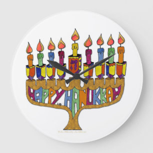 Grande Horloge Ronde Judaica Joyeux Hanukkah Toupie Menorah