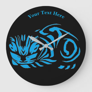 Grande Horloge Ronde Julie de Graag Gravure sur bois de chat (Bleu)