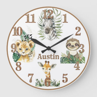 Grande Horloge Ronde Jungle Animaux Safari Pépinière personnalisée rond