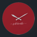 Grande Horloge Ronde Just breathe burgundy elegant script yoga<br><div class="desc">Modern yoga clock with a chic burgundy background and an elegant lettered white script with the quota just breathe.</div>