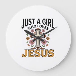 Grande Horloge Ronde Juste une fille qui aime Jésus Floral Cross Shirt_