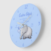 Grande Horloge Ronde Keepsake Baby Boy Birth Stat Elephant Nursery (Angle)