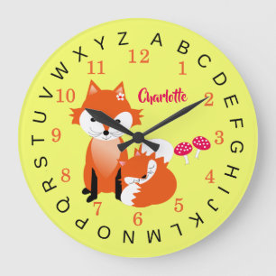 Grande Horloge Ronde Kids Educational Alphabet Cute Fox Personalized
