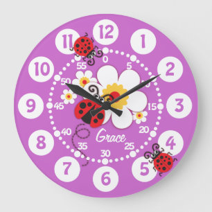 Grande Horloge Ronde Kids ladybug & flower cute purple girls wall clock