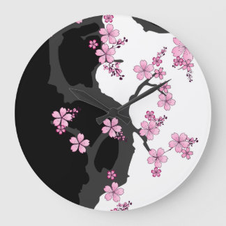 Grande Horloge Ronde Kimono japonais Sakura noir et blanc