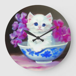 Grande Horloge Ronde Kitten blanc vintage aux fleurs roses