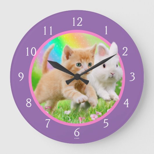Grande Horloge Ronde Kitten & Bunny avec arc-en-ciel (Recto)