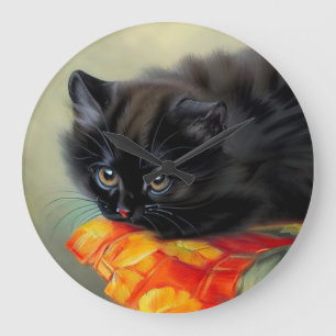 Grande Horloge Ronde Kitten noir vintage avec couverture de fleurs roug