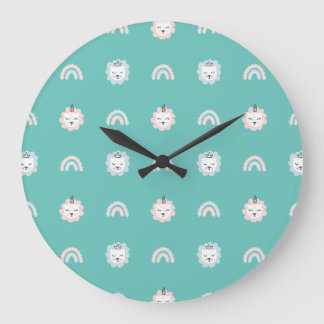 Grande Horloge Ronde Kittens et Rainbows Motif design Turquoise pour bé