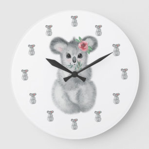 Grande Horloge Ronde Koala Bear Watercolor Girl Nursery