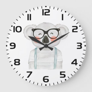 Grande Horloge Ronde Koala mignon à l'aquarelle avec des lunettes