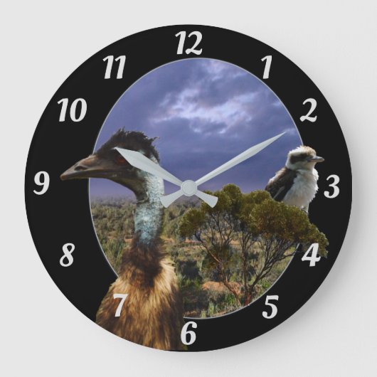 Grande Horloge Ronde Kookaburra, Émeu, Paysage australien, (Recto)