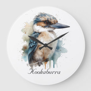 Grande Horloge Ronde Kookaburra mignon sur une branche, personnalisé