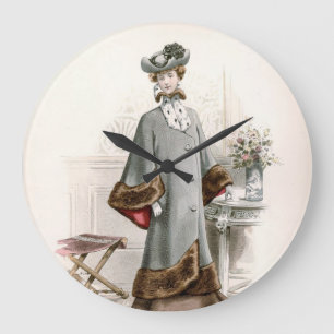 Grande Horloge Ronde La Dame Edwardienne En Beau Manteau Mode Vintage