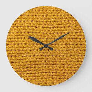 Grande Horloge Ronde Laine tricotée jaune, texture haute résolution.