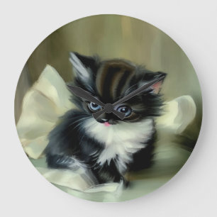 Grande Horloge Ronde Langue vintage de Kitten noir et blanc