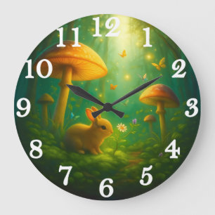 Grande Horloge Ronde Lapin de forêt enchantée et champignons