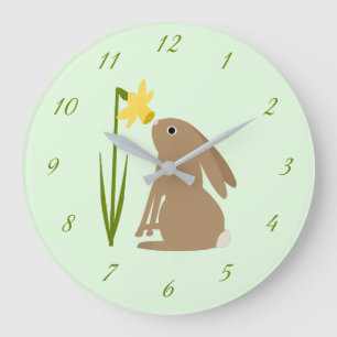 Grande Horloge Ronde Lapin de Pâques et fleur de jonquille
