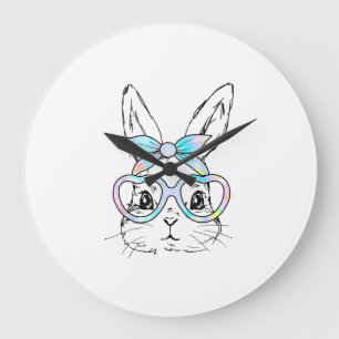 Grande Horloge Ronde Lapin Mignon Aux Lunettes Tie Dye Fille Heureuse 
