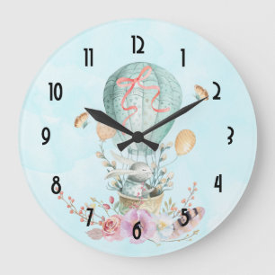 Grande Horloge Ronde Lapin Whimsical Riding dans un ballon à air chaud