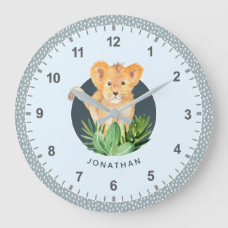 Grande Horloge Ronde L'aquarelle de CUB de lion d'animal sauvage badine