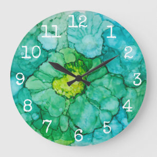 Grande Horloge Ronde Large Round Clock "Blue Greens Flowers"