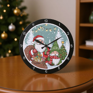 Grande Horloge Ronde Le Père Noël et une scène Gnome