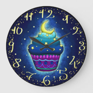 Grande Horloge Ronde Le Petit Cupake avec la lune et les étoiles