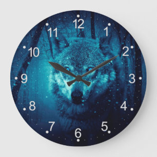 Grande Horloge Ronde Le visage du loup dans la forêt de imaginaire somb