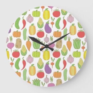 Grande Horloge Ronde Légumes dessinés à la main, arrière - plan de dood