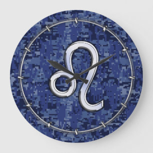 Grande Horloge Ronde Leo Zodiac Sign on Navy Blue Digital Camouflage