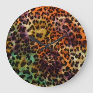 Grande Horloge Ronde Léopard coloré : Texture Vintage Abstraite