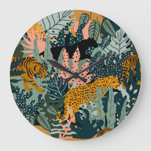 Grande Horloge Ronde Léopard et tigre tropicaux Motif de la jungle