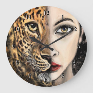 Grande Horloge Ronde Leopard Girl Visage Imaginaire Peinture animal sau