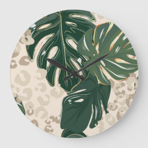 Grande Horloge Ronde Leopard Monstera : Jungle Imprimer Vintage.