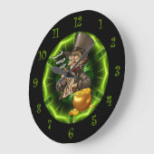Grande Horloge Ronde Leprechaun Pris Sur Pot D'Or (Angle)