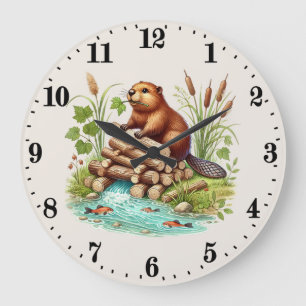 Grande Horloge Ronde Les amateurs de castors mignons animal de bois
