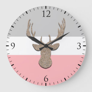 Grande Horloge Ronde Les cerfs communs silhouettent, mâle sur bleu et